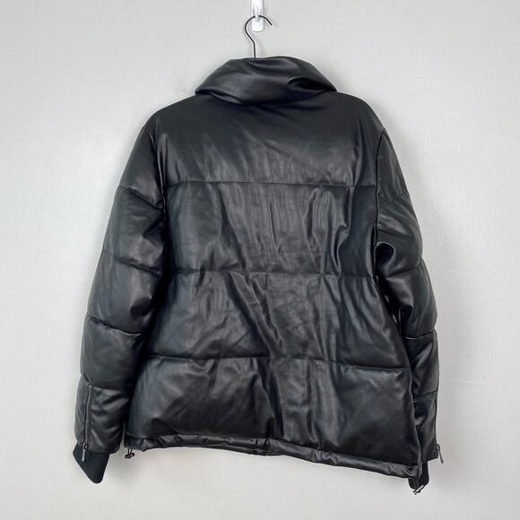 BCBGMaxazria Faux Leather Puffer Jacket Mock Neck Full Zip Black Coat Size Large - Picture 7 of 9